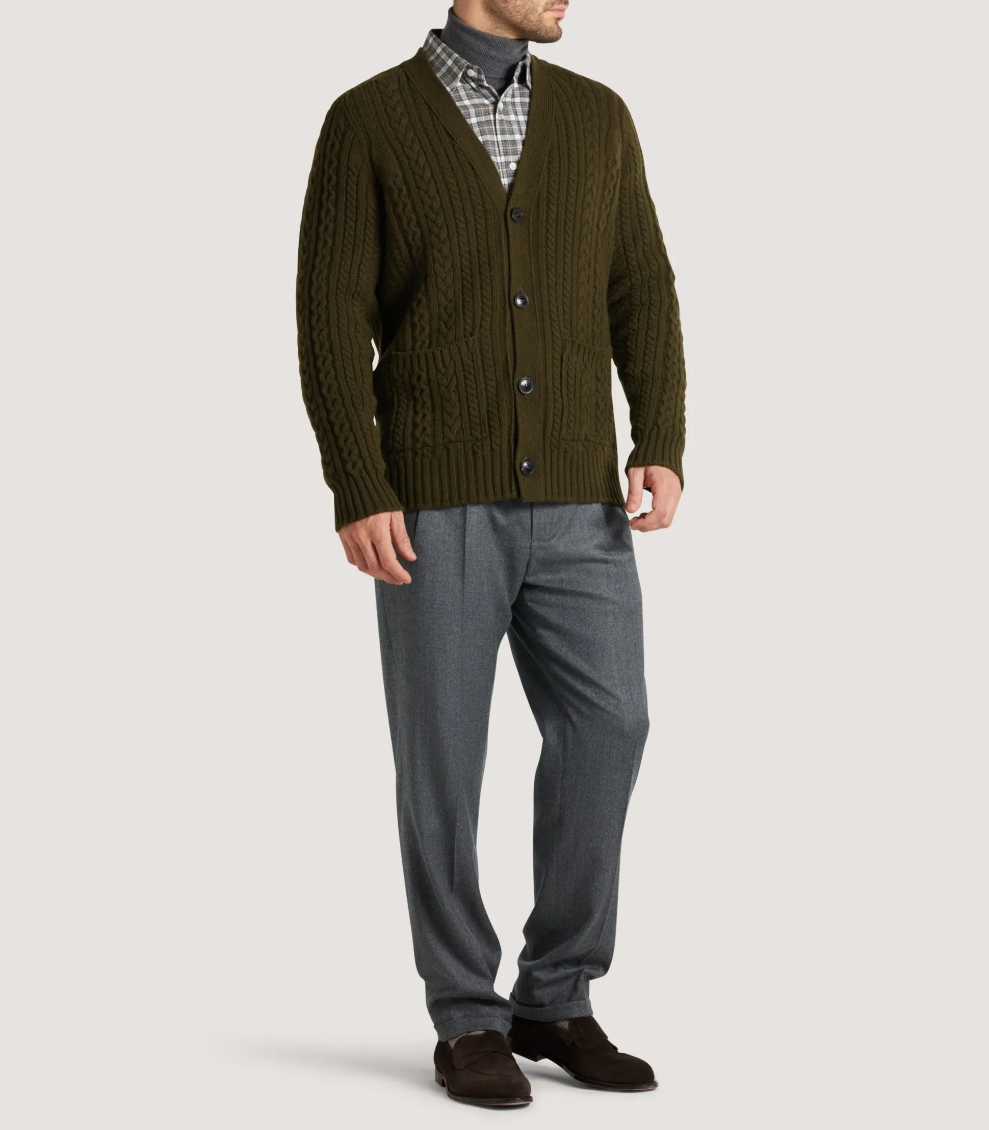 Purdey Men's Cashmere Cable And Rib V Neck Cardigan In Military