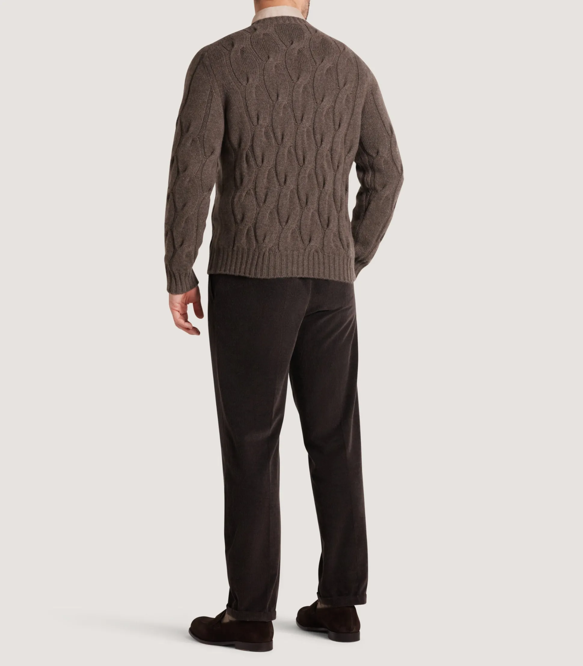 Purdey Men's Cashmere Loch Cable Crew Neck Sweater In Dark Taupe
