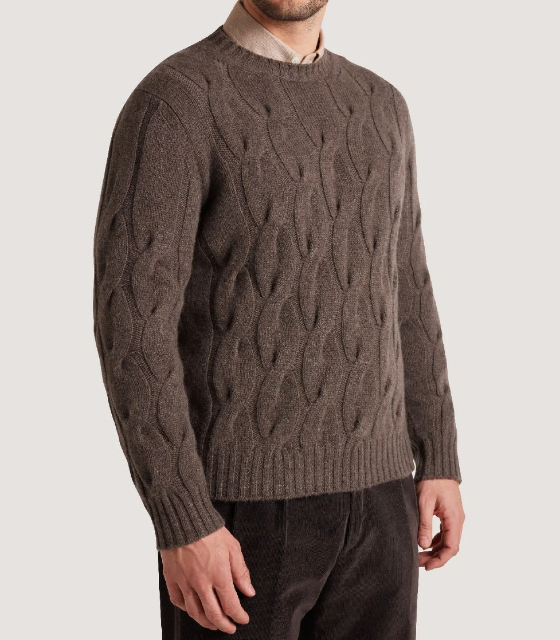 Purdey Men's Cashmere Loch Cable Crew Neck Sweater In Dark Taupe