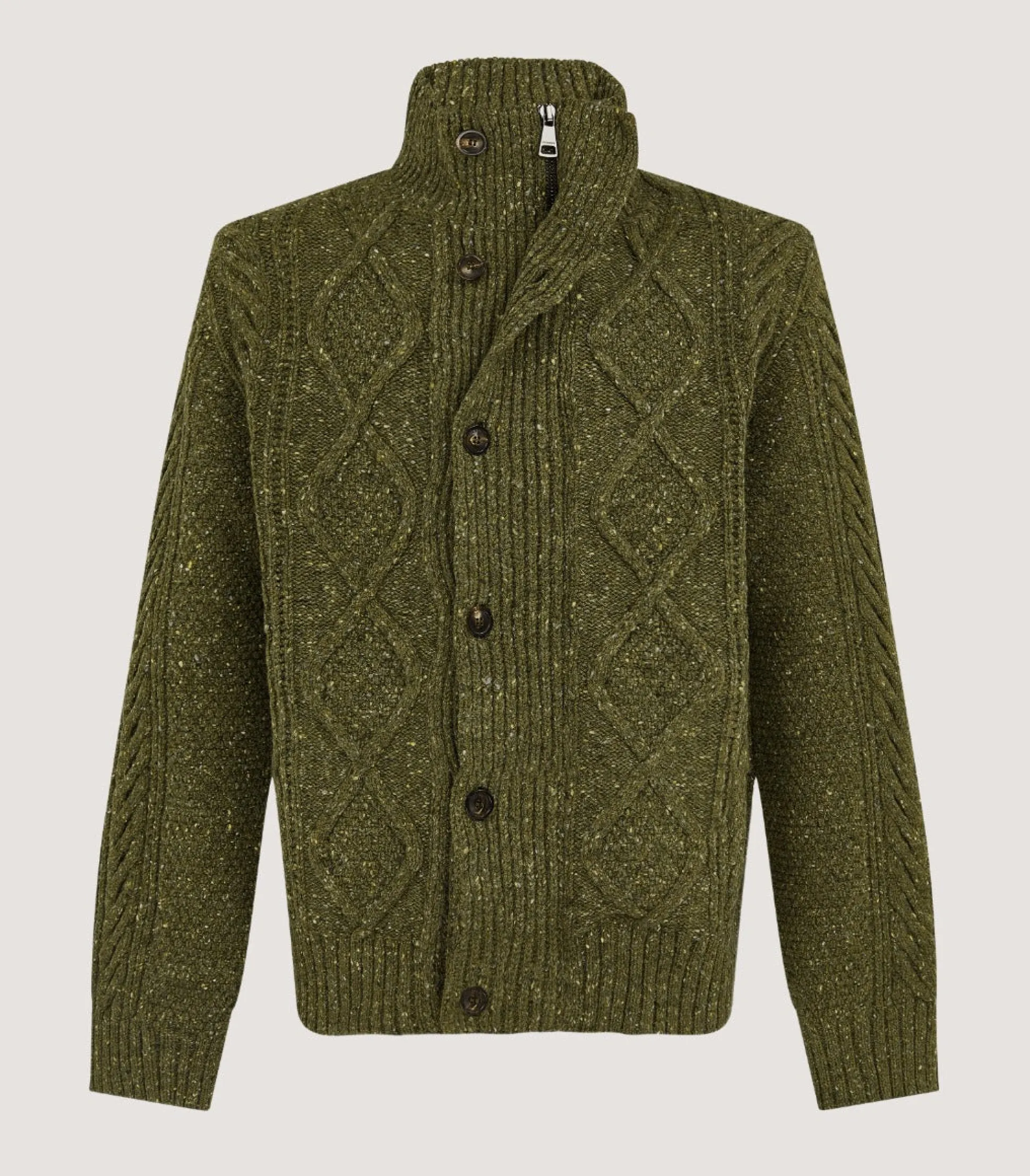 Purdey Men's Donegal Aran Full Zip Cardigan in Moss