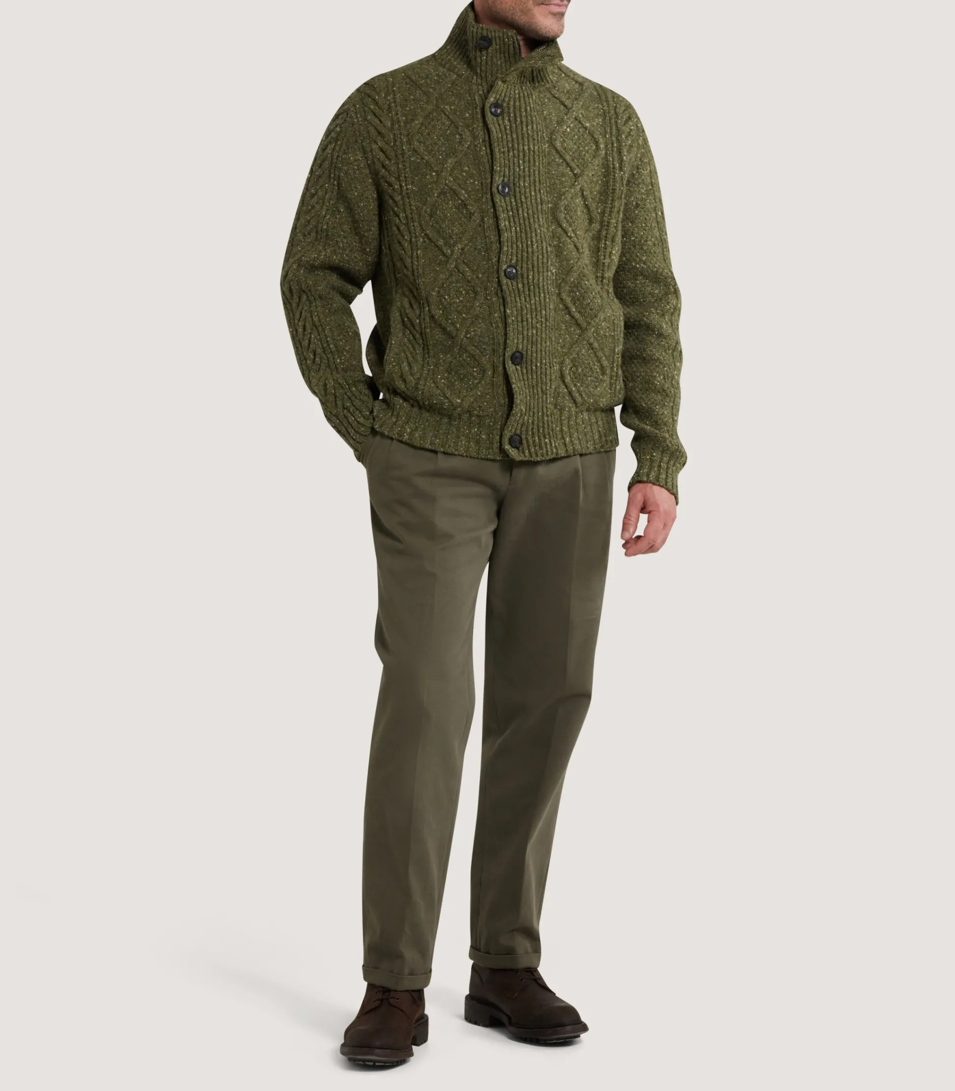 Purdey Men's Donegal Aran Full Zip Cardigan in Moss