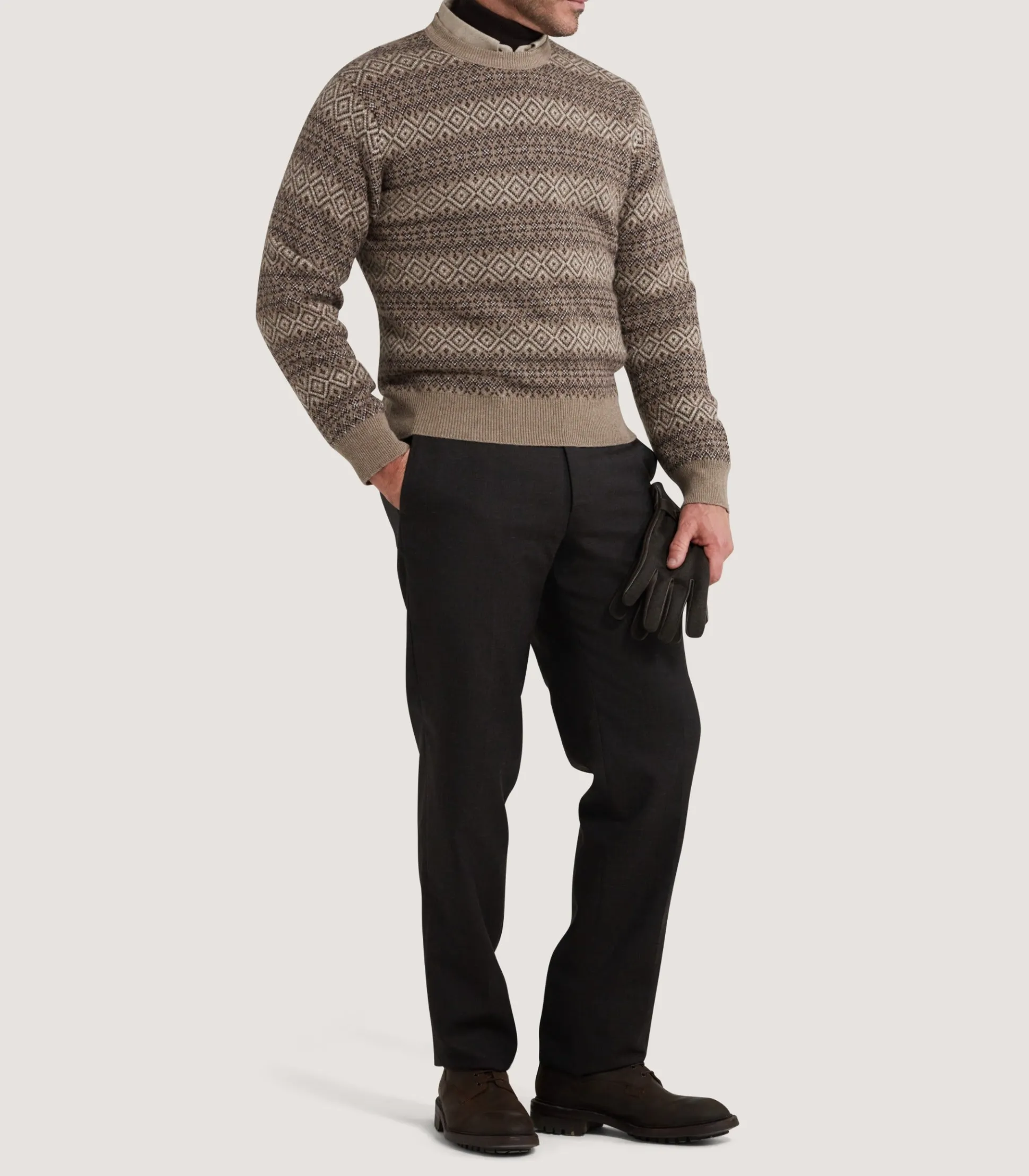Purdey Men's Kirk Cashmere Fair Isle Crew Neck Jumper in Antler