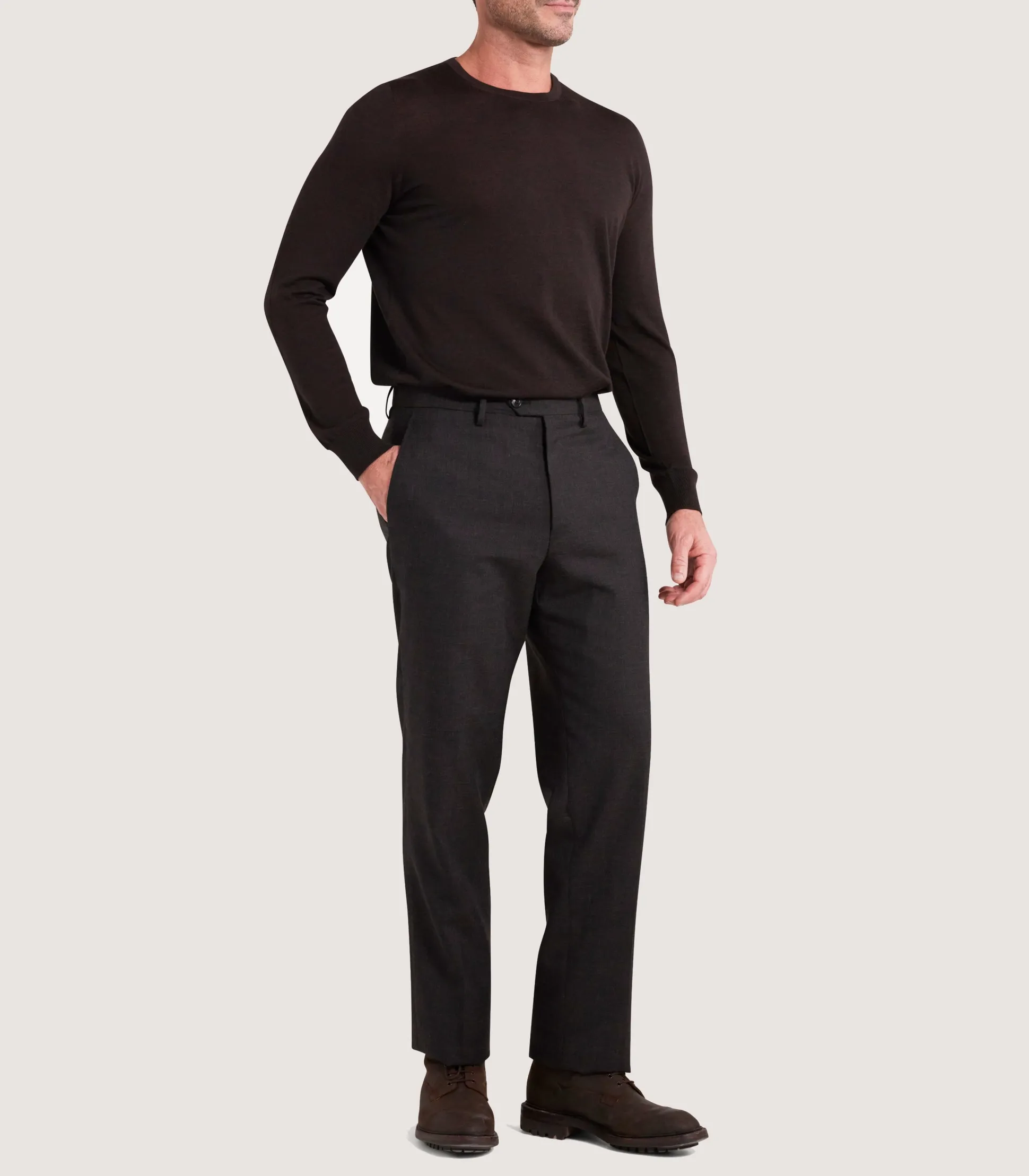 Purdey Men's Lightweight Travel Merino Crew Neck in Chocolate