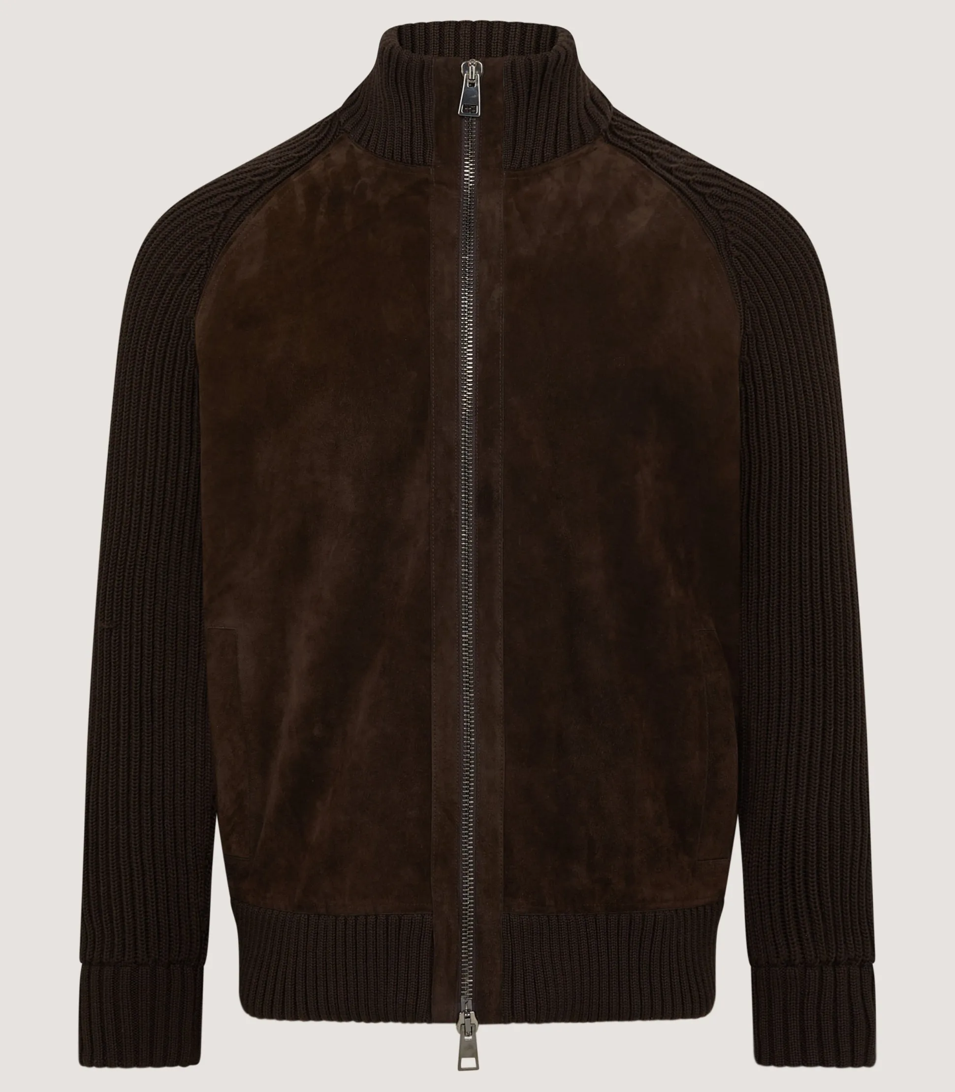 Purdey Men's York Suede Zip Front Knitted Cardigan in Chocolate