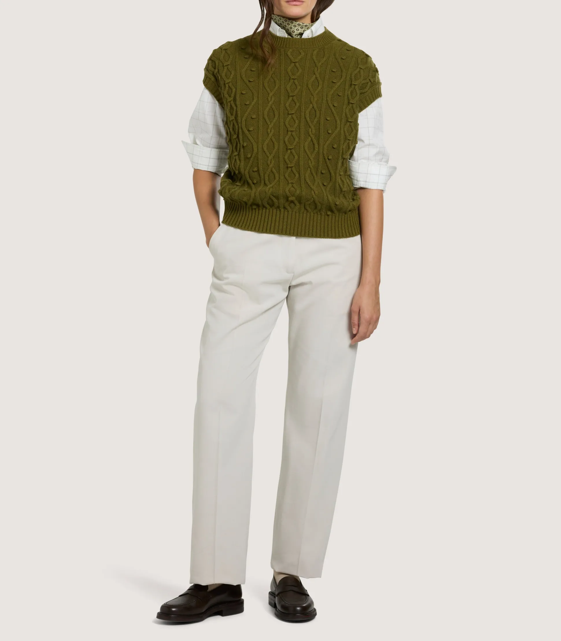 Women Purdey Women's Cotton Cashmere Aran Crew Neck Tank in Olive